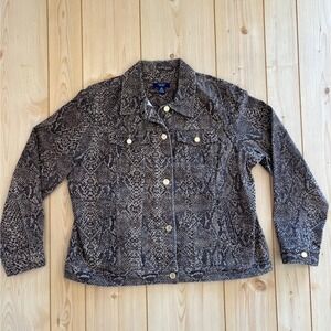 Chaps Womens 1X Snakeskin Print Denim Trucker Jacket Brown Tan Stretch Cotton